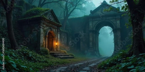 A lone lantern illuminates a crumbling mausoleum entrance, overgrown with vines and shrouded in mist, hinting at a perilous journey within , ominous, secret