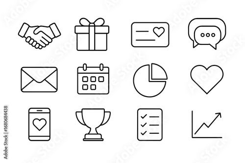 Customer Retention Icons. Outline icon set of customer retention tactics: handshake, gift box, loyalty card,