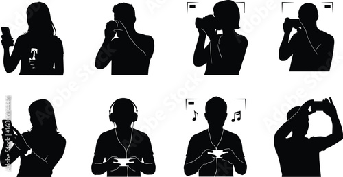 People using smartphones silhouette set — texting, taking photos, filming, gaming, and listening to music with modern digital devices