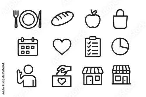 Potluck Event Icons. Outline icon set of neighborhood potluck events: plate, fork and knife, bread loaf, apple
