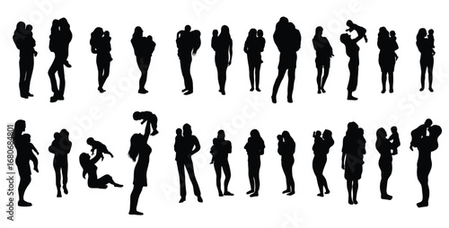 collection of silhouettes of mothers holding their children  vector illustration
