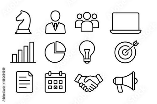 Strategic Marketing Icons. Outline icon set of strategic decision-making in marketing: chess piece, manager