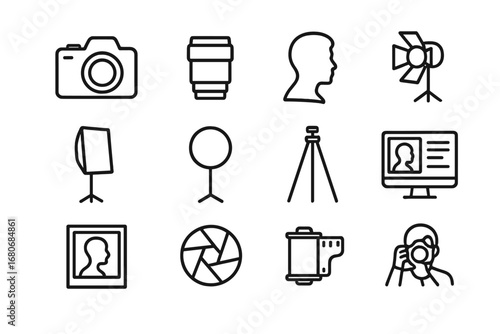 Photography Icon Set. Outline icon set of dramatic lighting portrait photography: camera, lens, portrait