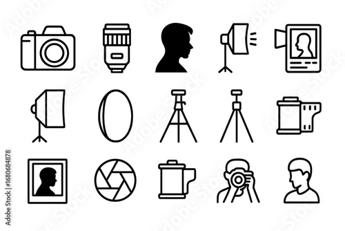 Photography Icon Set. Outline icon set of dramatic lighting portrait photography: camera, lens, portrait