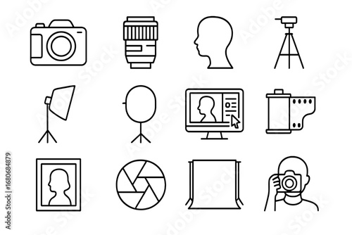 Fine Art Icon Set. Outline icon set of fine art black and white portraiture: camera, lens, portrait silhouette