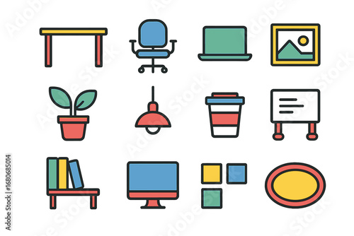 Creative Office Icon Set. Outline icon set of vibrant creative offices: colorful desk, ergonomic chair, laptop