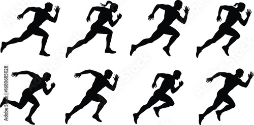 Running athlete silhouettes, male and female runners, sprinting motion, fitness, sports, exercise, active lifestyle, competition, speed, dynamic movement, health