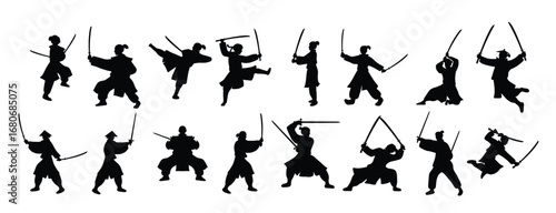 collection of silhouette illustrations of samurai