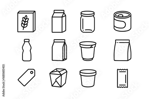 Food Packaging Icons. Outline icon set of food packaging design: cereal box, milk carton, glass jar, tin can,