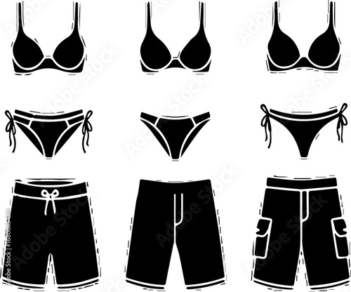 Vector Illustration of Various Swimwear | Line Art of Bikini Tops, Bottoms, and Swim Trunks for Fashion and Design Projects