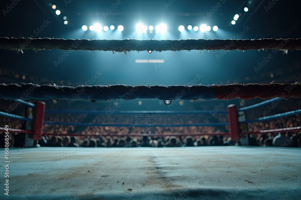 Naklejka premium A cinematic close-up view of a professional boxing ring inside a massive sports arena, captured from ringside perspective. The ropes of the ring are in sharp focus, showing their worn texture and subt