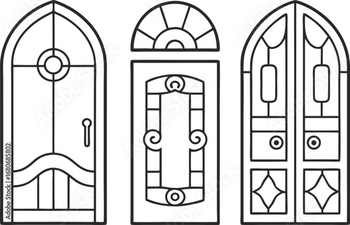 Three different arched doors in a row, each with its own unique design and style line art illustration