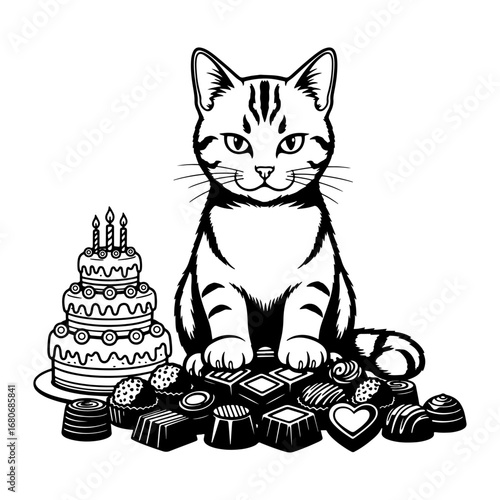 A cute cat's caiman surrounded by birthday cake and chocolates—perfect for greeting cards, video thumbnails, blog images, or poster designs.
