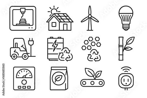 Eco Manufacturing Icons. Outline icon set of sustainable manufacturing tech: 3D printer, solar roof, wind