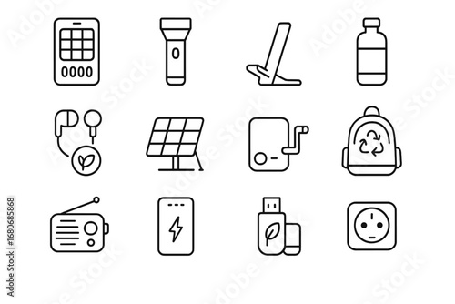 Eco Gadget Icons. Outline icon set of portable eco gadgets: solar charger, LED flashlight, bamboo phone stand,