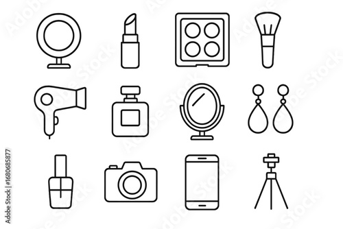 Beauty Vlogger Icons. Outline icon set of beauty and fashion vloggers: ring light, lipstick, eyeshadow palette
