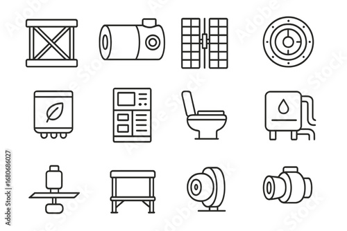 Space Station Icon Set. Outline icon set of international space station components: truss segment, pressurized