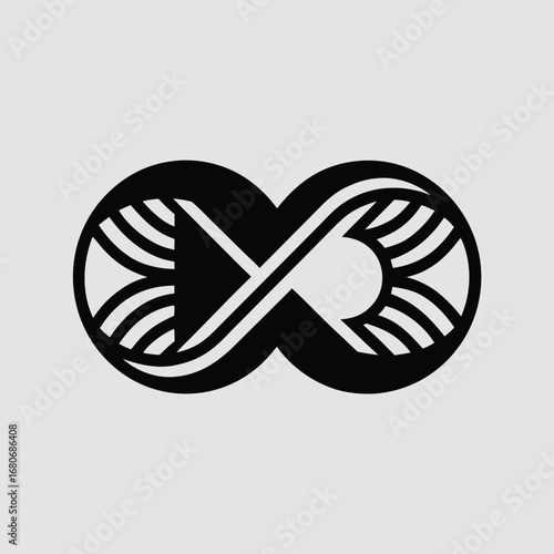 A black and white logo of an infinity symbol with abstract curved lines