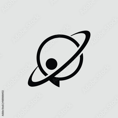 A black and white illustration of a planet with rings in space
