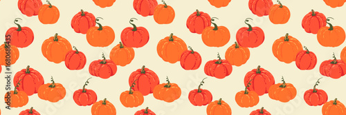 Seamless vector pattern with hand drawn orange and red pumpkins on a light cream background. Template for autumn, harvest, Halloween, and Thanksgiving designs