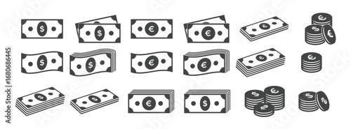 Euro and dollar banknotes and cents set. Payment paper money icons vector illustration