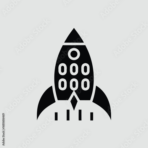 A black and white illustration of a rocket ship launching into space