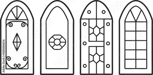 Four different door designs a set of linear drawings of doors of different shapes and styles for coloring books