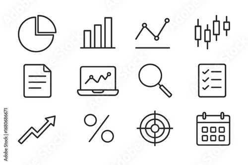Data Visualization Icons. Outline icon set of data visualization for market analysis: pie chart, bar chart,