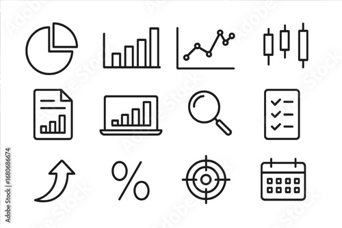 Data Visualization Icons. Outline icon set of data visualization for market analysis: pie chart, bar chart,