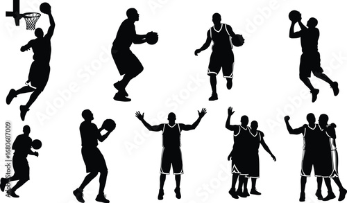 Silhouette of basketball players in various actions, dunking, dribbling, shooting, and celebrating, ideal for sports, fitness, and teamwork concepts.