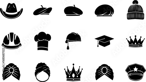 Hats and Headwear Collection Icon Set | Various Styles: Cowboy, Beret, Chef's Hat, Graduation Cap, Turban, Crown - Vector Graphics for Fashion, Industry, and Cultural Representation