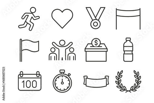 Charity Marathon Icon Set. Outline icon set of charity marathon: runner, heart icon, medal, finish line, flag,