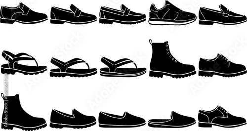 Variety of Men's Shoes Silhouette Collection | Formal and Casual Footwear Vector Illustration for Fashion Design, Advertising, and Retail