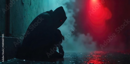 A shadowy figure, hunched and obscured, exudes an aura of malevolence and deceit The image evokes a sense of hidden wrongdoing and moral corruption , treachery, wickedness, immorality