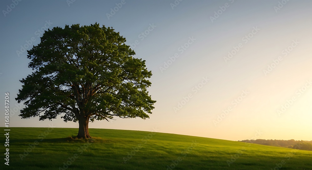 Fototapeta premium A single, strong tree stands alone in a field, representing strength, resilience, growth, and stability.