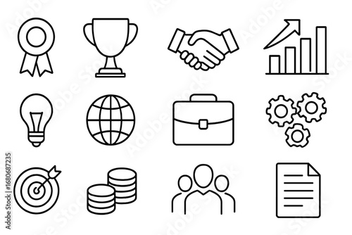 Corporate Excellence Icons. Outline icon set of corporate excellence: award, trophy, handshake, bar chart,