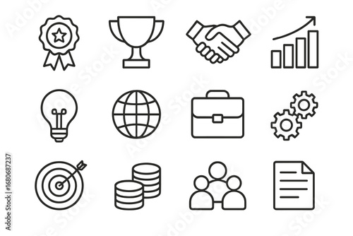 Corporate Excellence Icons. Outline icon set of corporate excellence: award, trophy, handshake, bar chart,