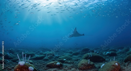 Fototapeta Naklejka Na Ścianę i Meble -   Majestic Manta Ray Gliding Gracefully Through Sunlit Tropical Ocean Waters Above Coral Reef With Tiny Fish Swimming
