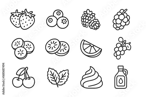 Berry Breakfast Icons. Outline icon set of berry toppings for breakfast: strawberries, blueberries,