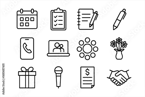 Event Planning Icons. Outline icon set of event planning teamwork: calendar, checklist, notepad, pen, phone,
