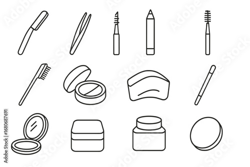 Eyebrow Shaping Tools. Outline icon set of eyebrow shaping at home: brow razor, tweezers, brow pencil, brow