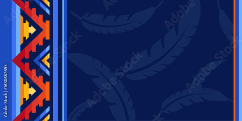 Native american heritage month. Vector banner, poster, card, content for social media. Blue background with native ornament border and feathers.