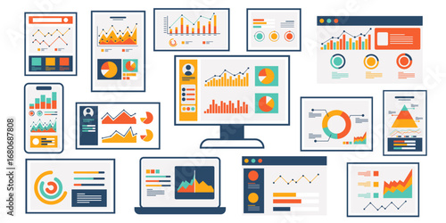 Digital Data Analysis: A vibrant display showcases a diverse array of digital data analysis with dynamic charts and graphs across various screens and devices