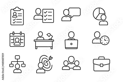 Project Management Icons. Outline icon set of managers leading projects: clipboard, task list, speech bubble,