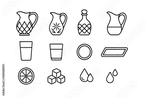 Decorative Water Carafes Icons. Outline icon set of decorative water carafes: crystal jug, etched glass,