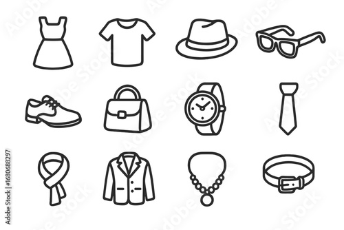 Fashion Icon Grid. Outline icon set of flat and 3D fashion icons: dress, t-shirt, hat, sunglasses, shoes,