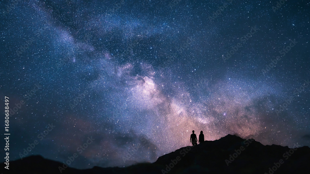 Fototapeta premium Silhouetted figures gazing at the vibrant milky way from a dark mountainous landscape view