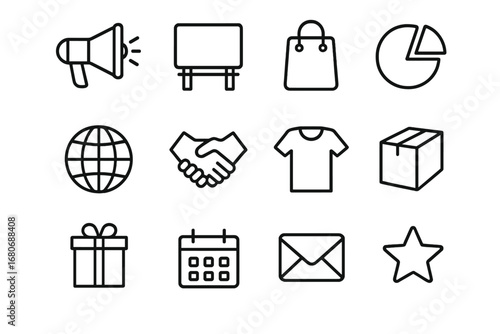 Inclusive Marketing Icons. Outline icon set of inclusive marketing: megaphone, billboard, shopping bag, globe,