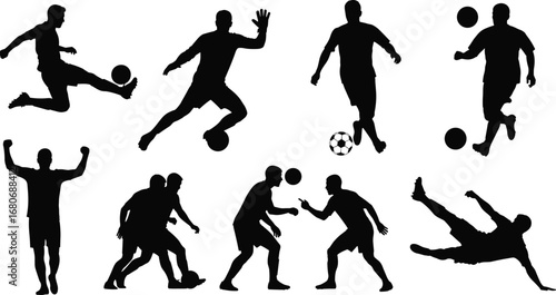 Wallpaper Mural Silhouette of soccer players in action, kicking, dribbling, tackling, and celebrating, ideal for football, sports, and competition themes. Torontodigital.ca