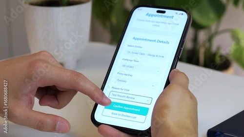 Close-up of a man's hands using a healthcare app on his phone to schedule a medical appointment. He selects reasons for the visit and confirms the booking, receiving a successful confirmation